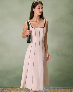 The Khaki Square Neck Contrast Midi Dress