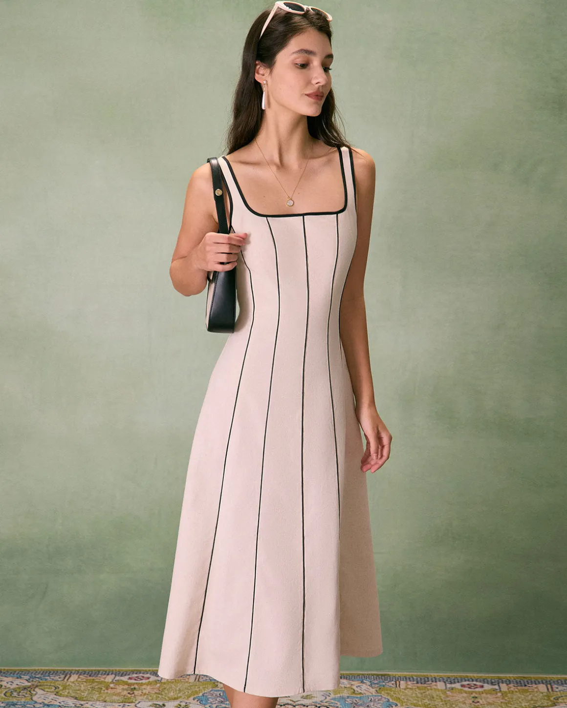 The Khaki Square Neck Contrast Midi Dress