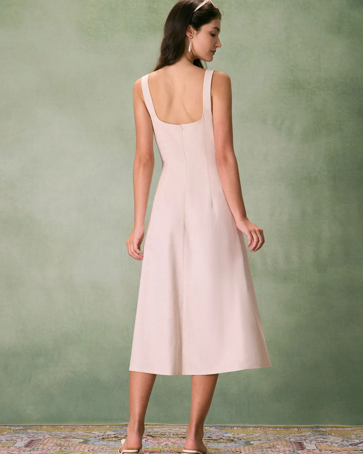 The Khaki Square Neck Contrast Midi Dress
