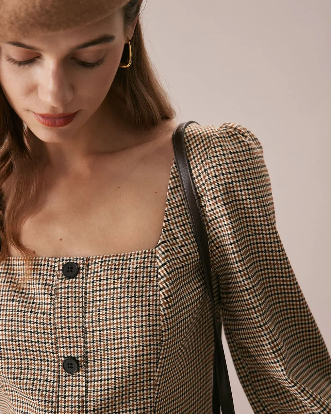 The Khaki Square Neck Plaid Button Mini Dress