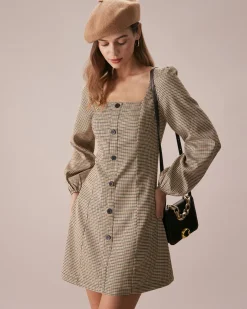 The Khaki Square Neck Plaid Button Mini Dress