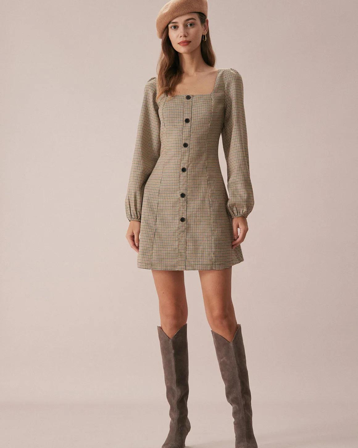 The Khaki Square Neck Plaid Button Mini Dress