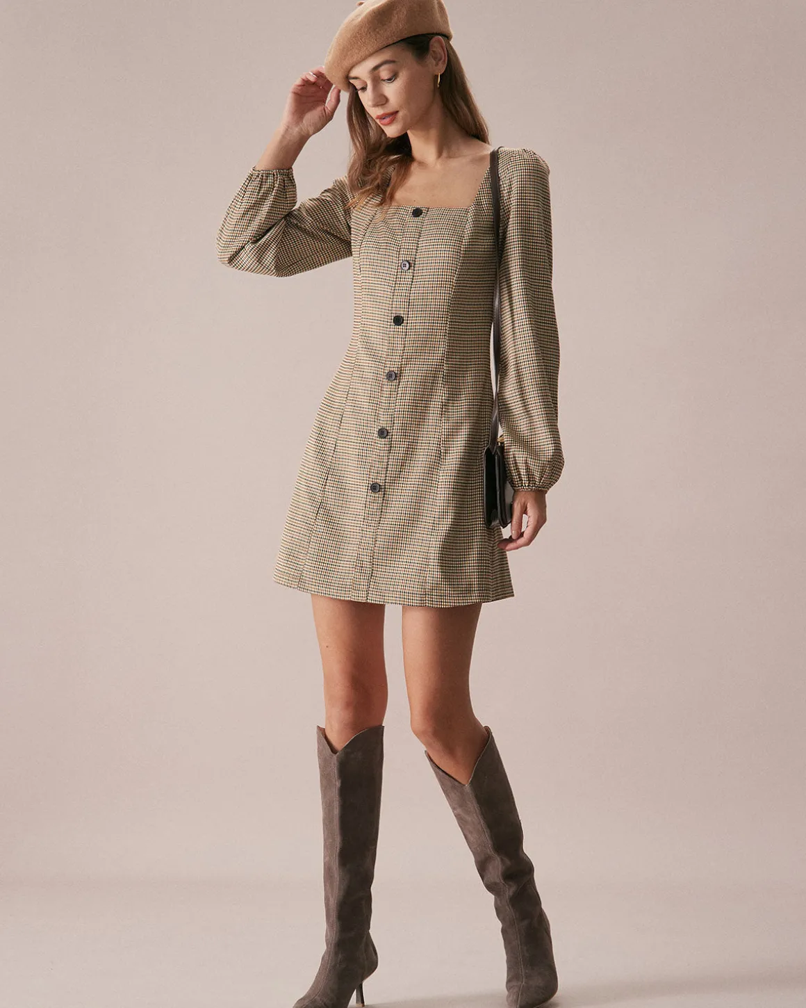 The Khaki Square Neck Plaid Button Mini Dress