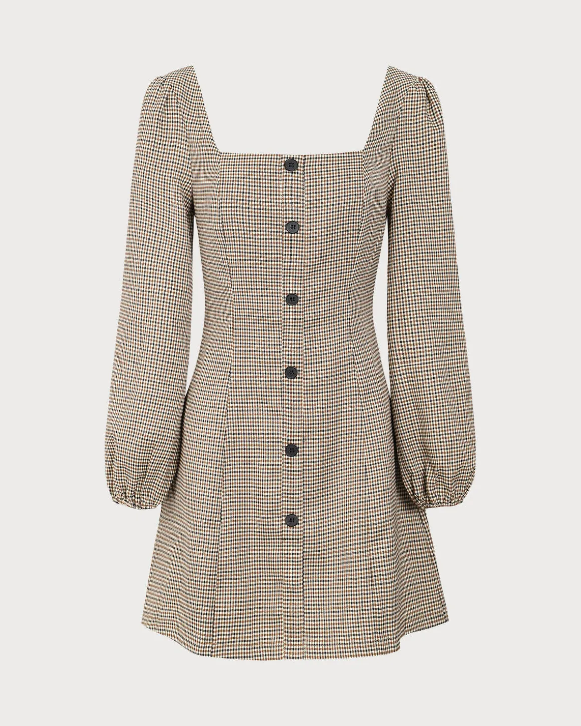 The Khaki Square Neck Plaid Button Mini Dress
