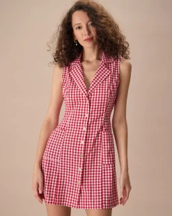 The Lapel Plaid Sleeveless Cotton Pocket Mini Dress