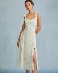 The Light Green Satin Floral Tie Strap Slit Midi Dress