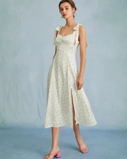 The Light Green Satin Floral Tie Strap Slit Midi Dress