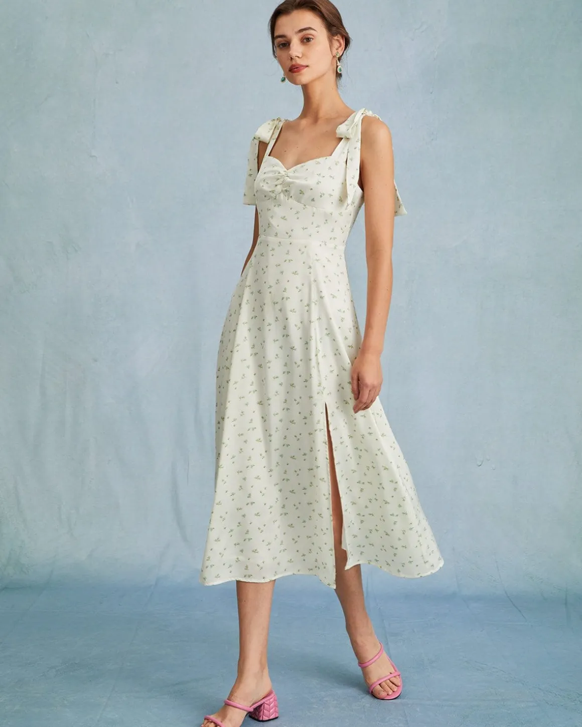 The Light Green Satin Floral Tie Strap Slit Midi Dress