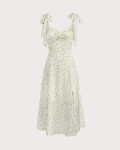 The Light Green Satin Floral Tie Strap Slit Midi Dress
