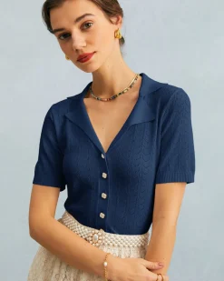The Navy Collared Pointelle Knit Top