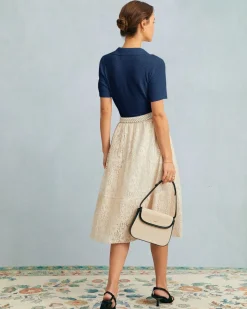 The Navy Collared Pointelle Knit Top