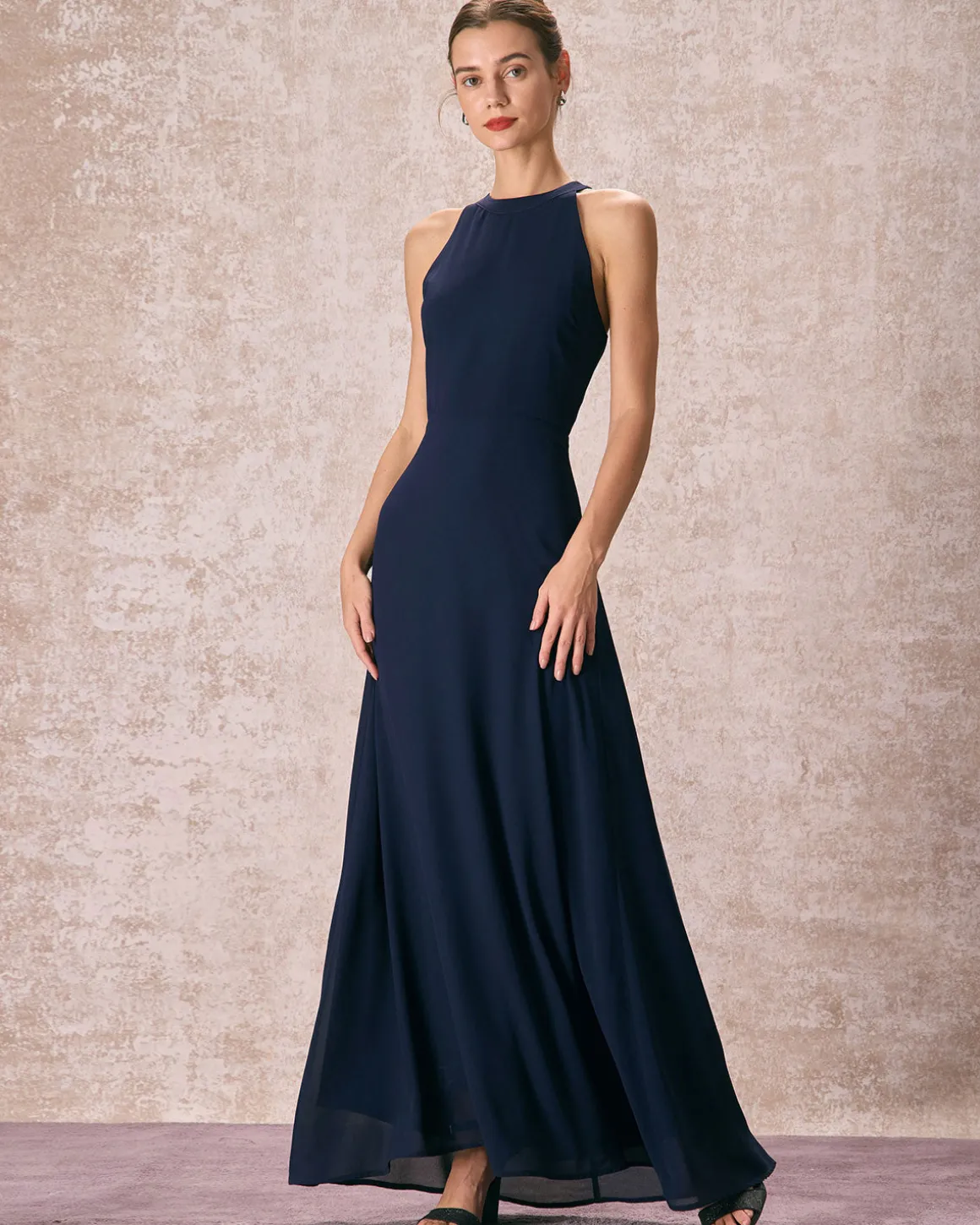 The Navy Halter Bowknot Back Maxi Dress