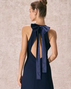 The Navy Halter Bowknot Back Maxi Dress