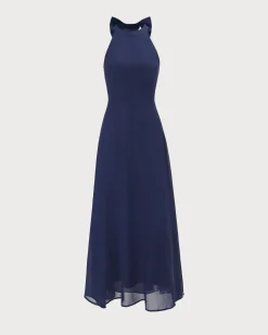 The Navy Halter Bowknot Back Maxi Dress