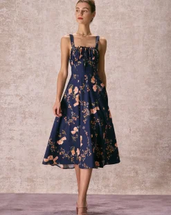 The Navy Lace Up Floral Ruched Midi Dress