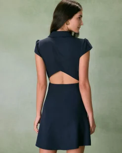 The Navy Lapel Cap Sleeve Button-up Mini Dress