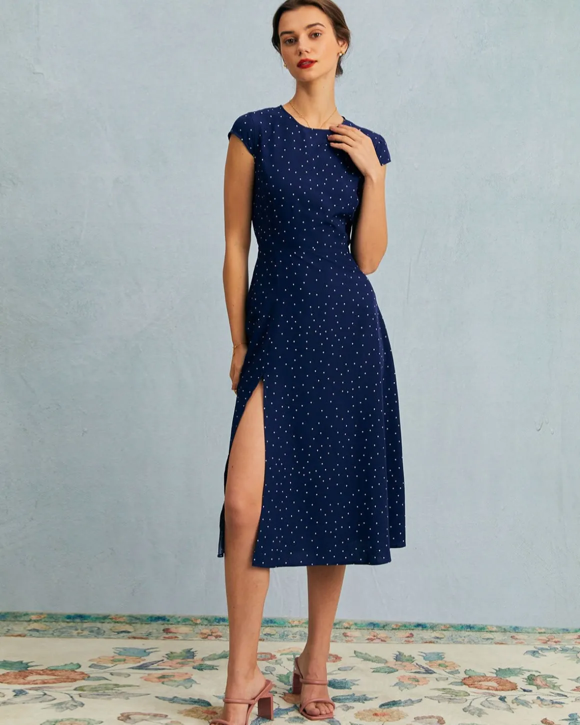 The Navy Round Neck Polka Dot Cutout Midi Dress