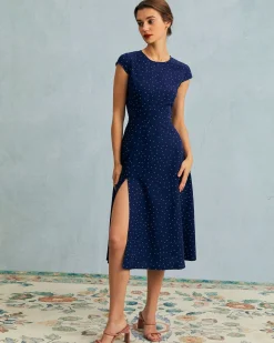 The Navy Round Neck Polka Dot Cutout Midi Dress