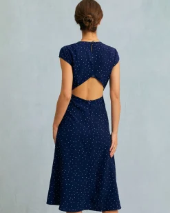The Navy Round Neck Polka Dot Cutout Midi Dress