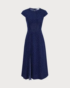 The Navy Round Neck Polka Dot Cutout Midi Dress