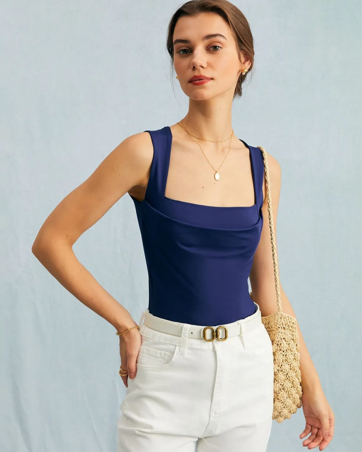 The Navy Square Neck Ruched Tank Top