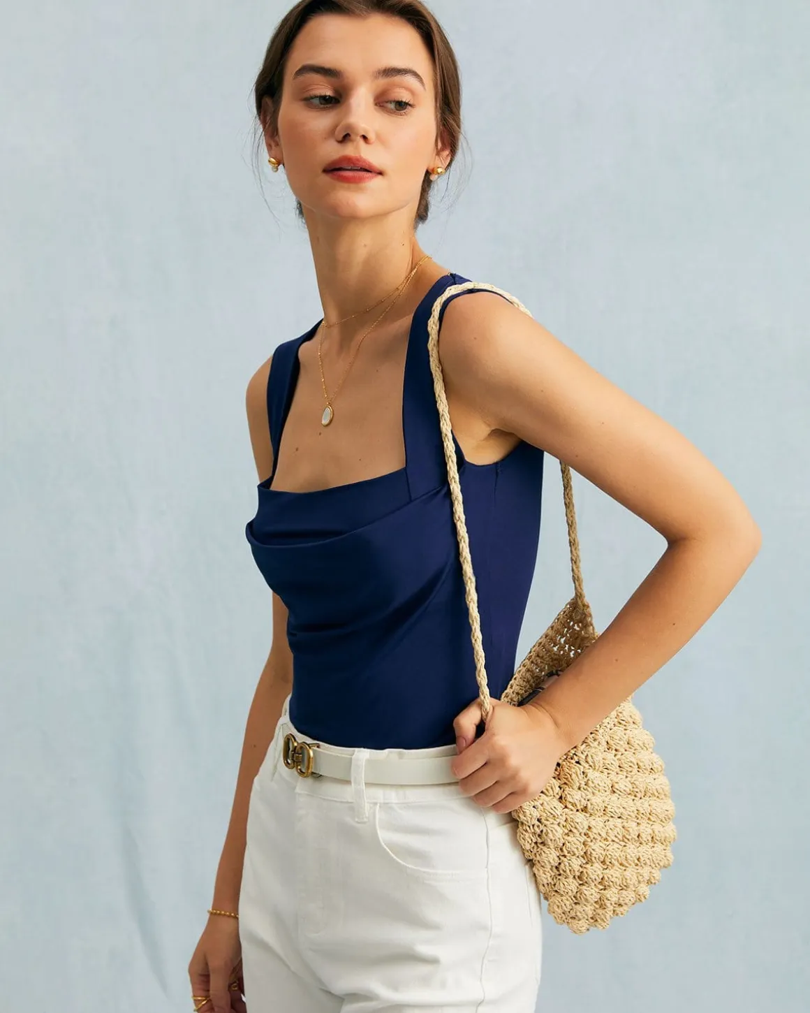 The Navy Square Neck Ruched Tank Top