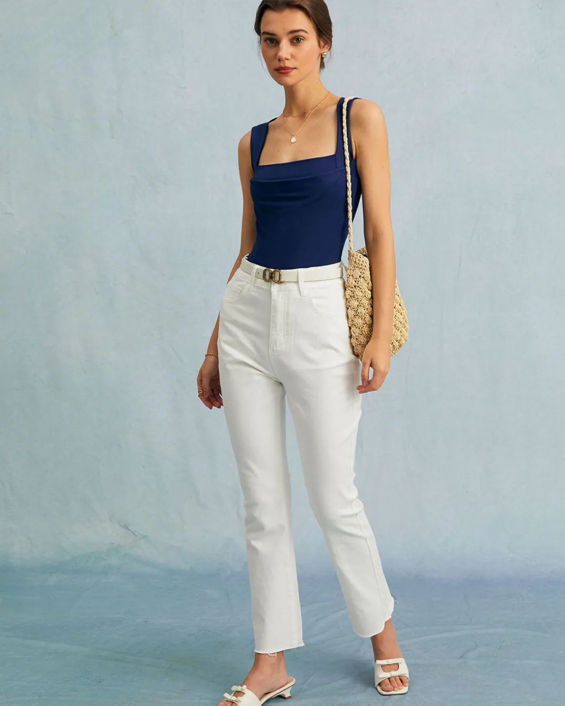 The Navy Square Neck Ruched Tank Top