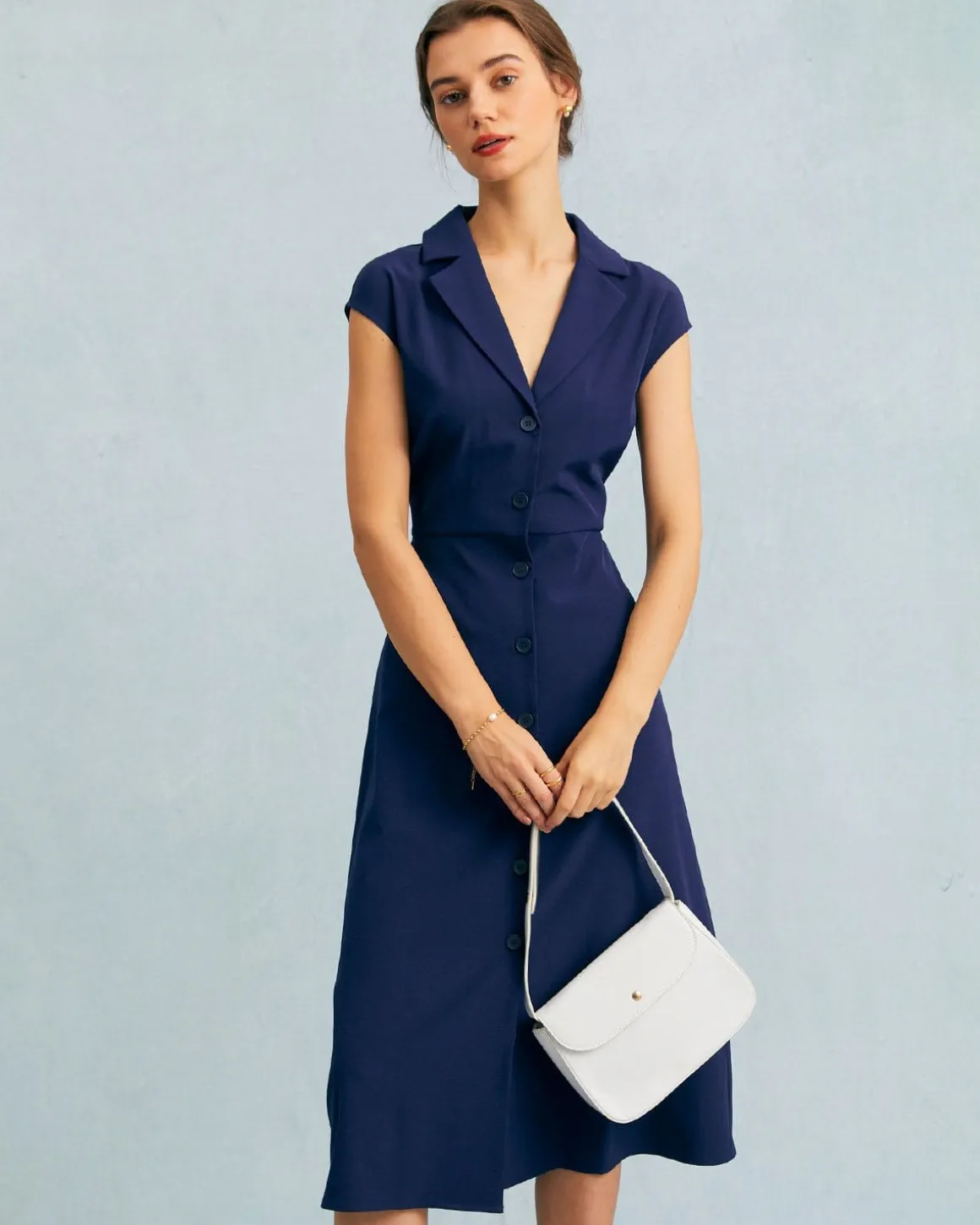 The Navy V Neck Button Cap Sleeve Midi Dress