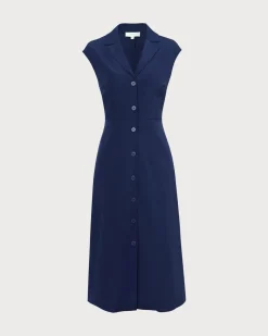 The Navy V Neck Button Cap Sleeve Midi Dress