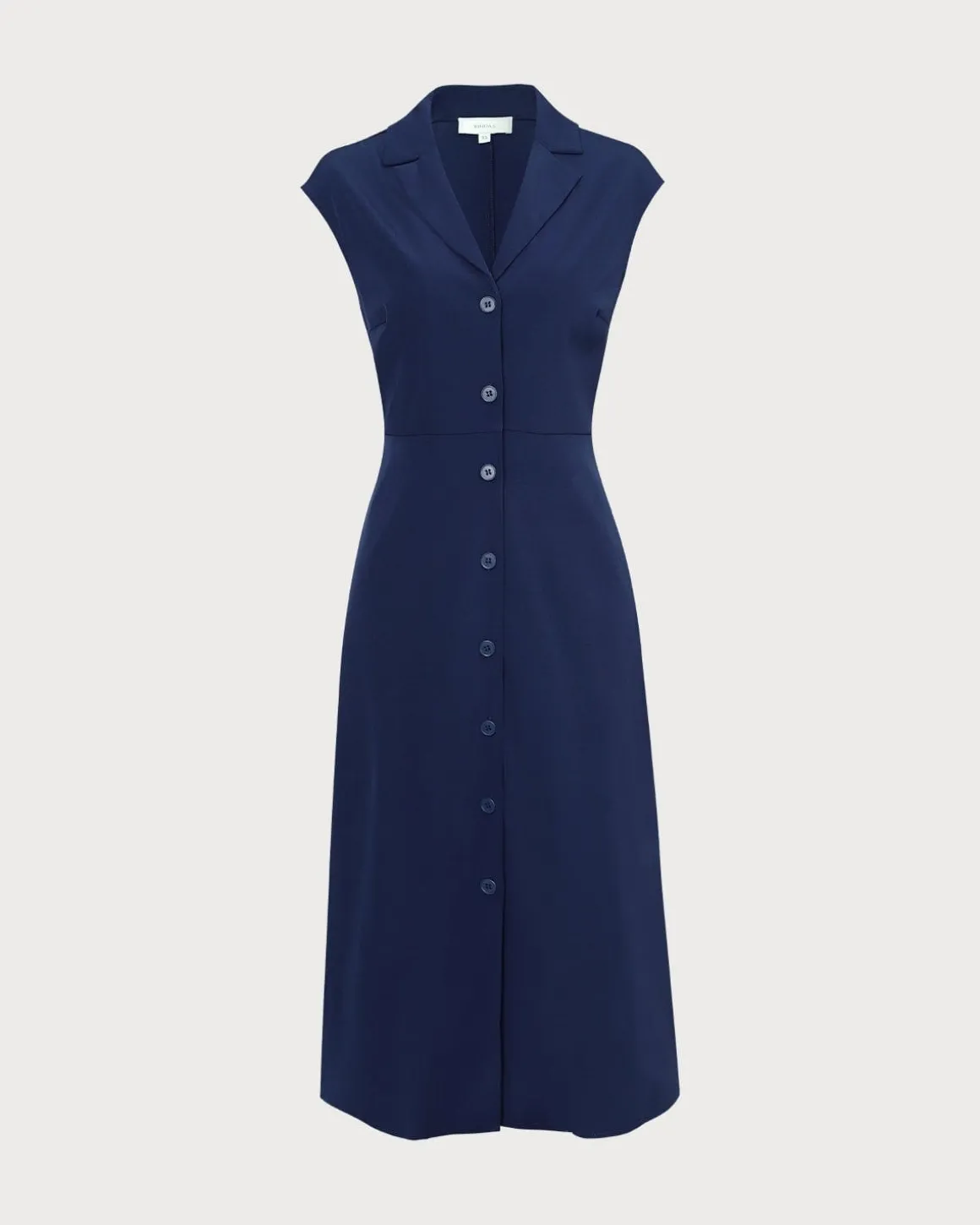The Navy V Neck Button Cap Sleeve Midi Dress