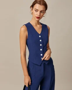 The Navy V Neck Button Up Sleeveless Vest
