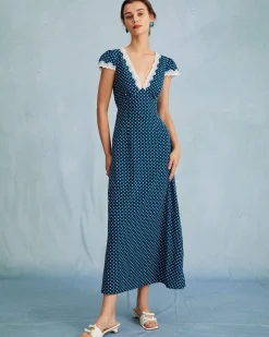 The Navy V Neck Polka Dot Lace Ruched Maxi Dress