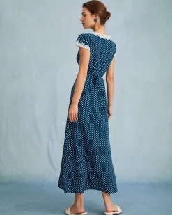 The Navy V Neck Polka Dot Lace Ruched Maxi Dress