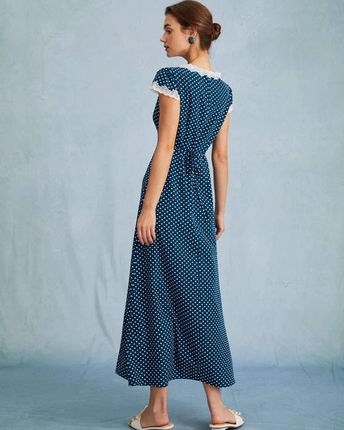 The Navy V Neck Polka Dot Lace Ruched Maxi Dress