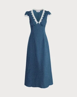 The Navy V Neck Polka Dot Lace Ruched Maxi Dress
