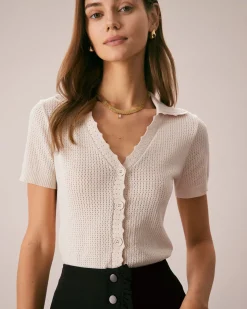 The Nude V Neck Button Pointelle Knit Tee