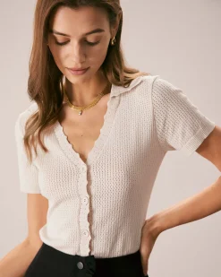 The Nude V Neck Button Pointelle Knit Tee
