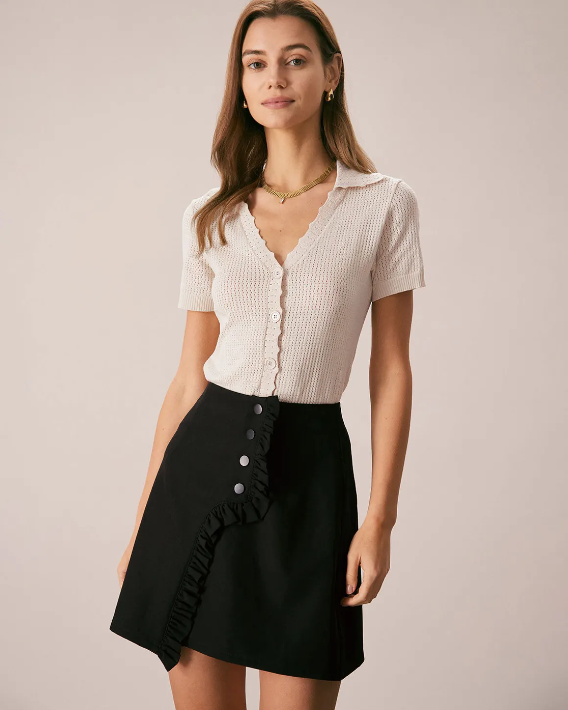 The Nude V Neck Button Pointelle Knit Tee