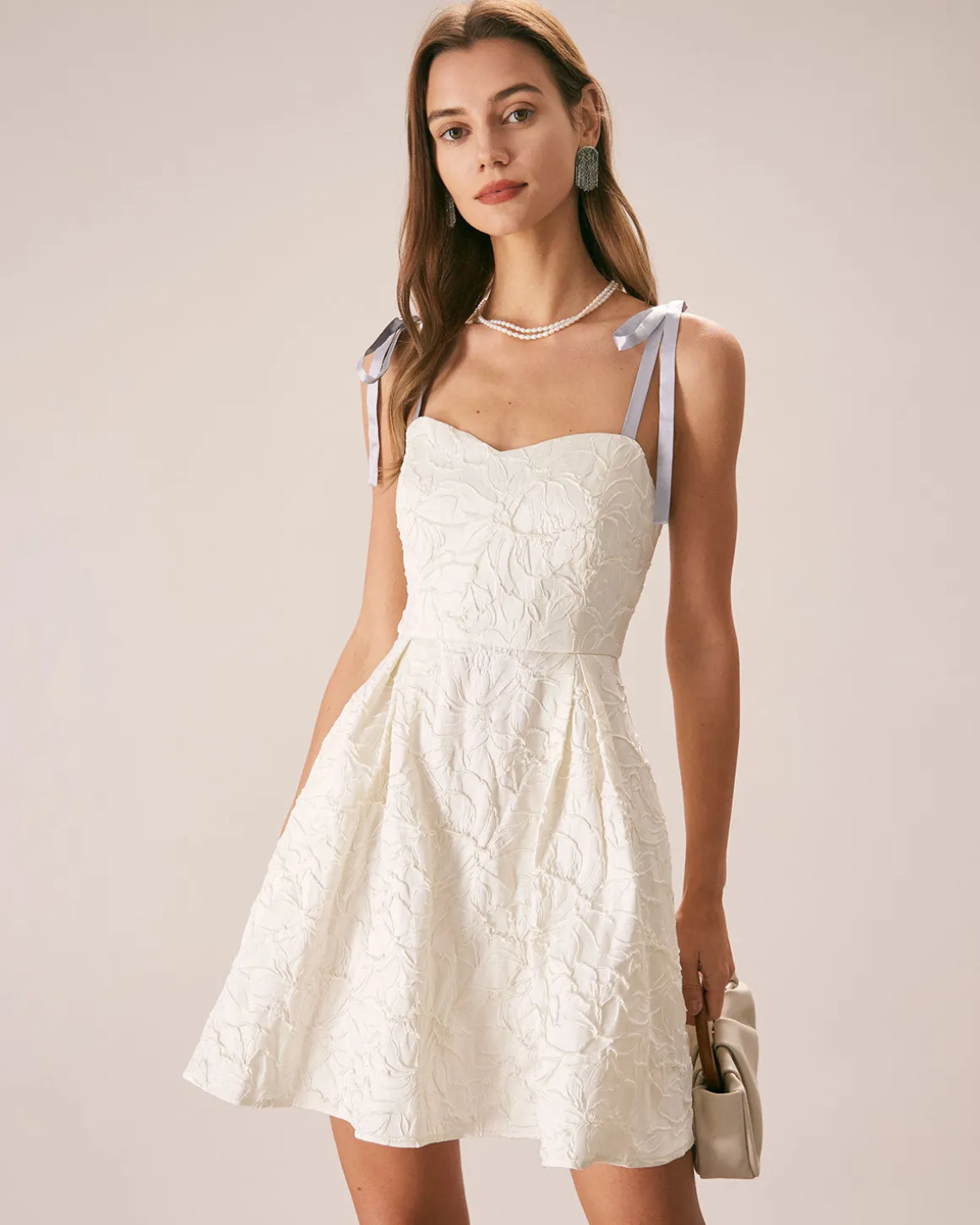 The Off White Jacquard Tie Strap Mini Dress