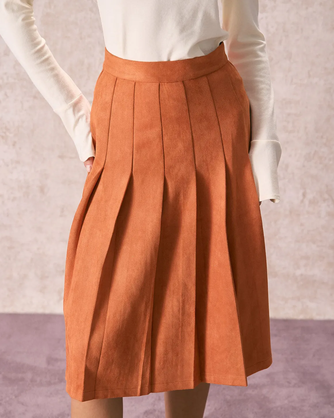 The Orange High Waisted Suede Midi Skirt