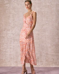 The Orange V Neck Floral Ruffle Maxi Dress