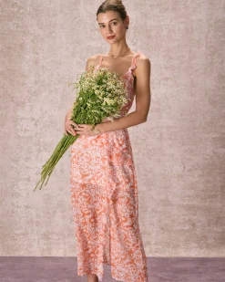 The Orange V Neck Floral Ruffle Maxi Dress