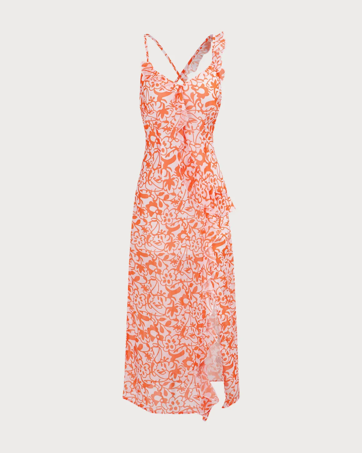 The Orange V Neck Floral Ruffle Maxi Dress