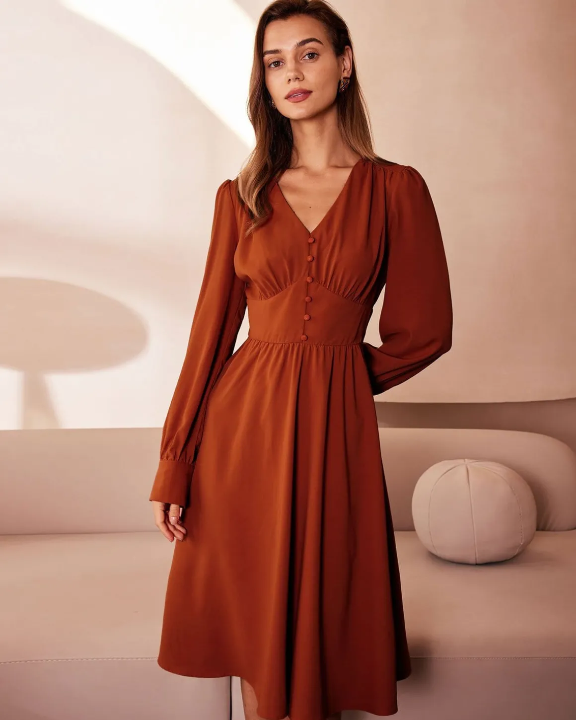 The Orange V Neck Pleated Button Midi Dress