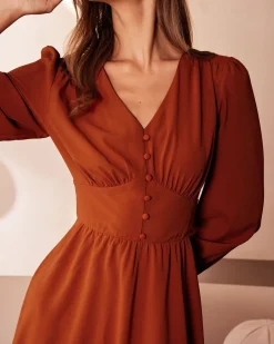 The Orange V Neck Pleated Button Midi Dress