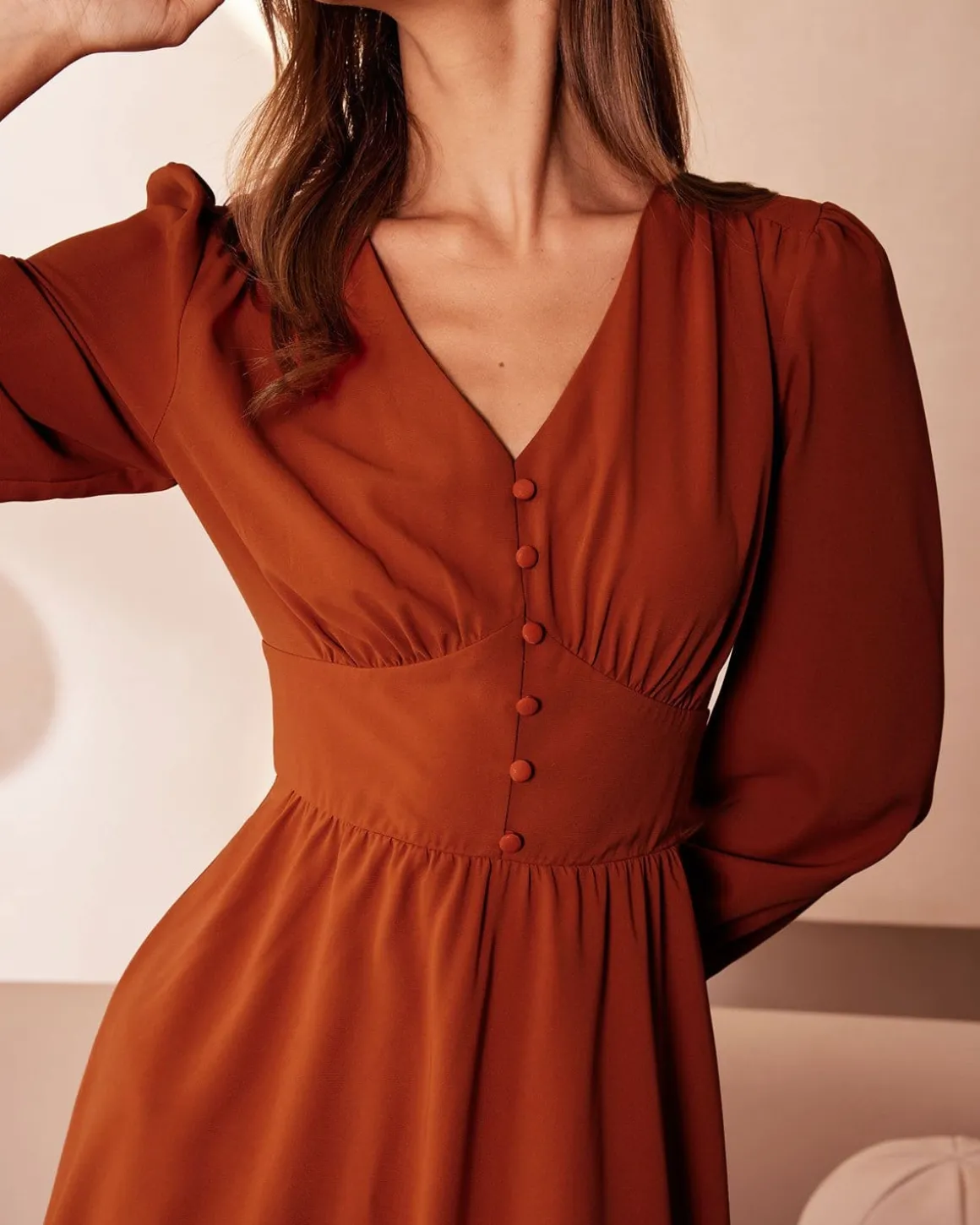 The Orange V Neck Pleated Button Midi Dress