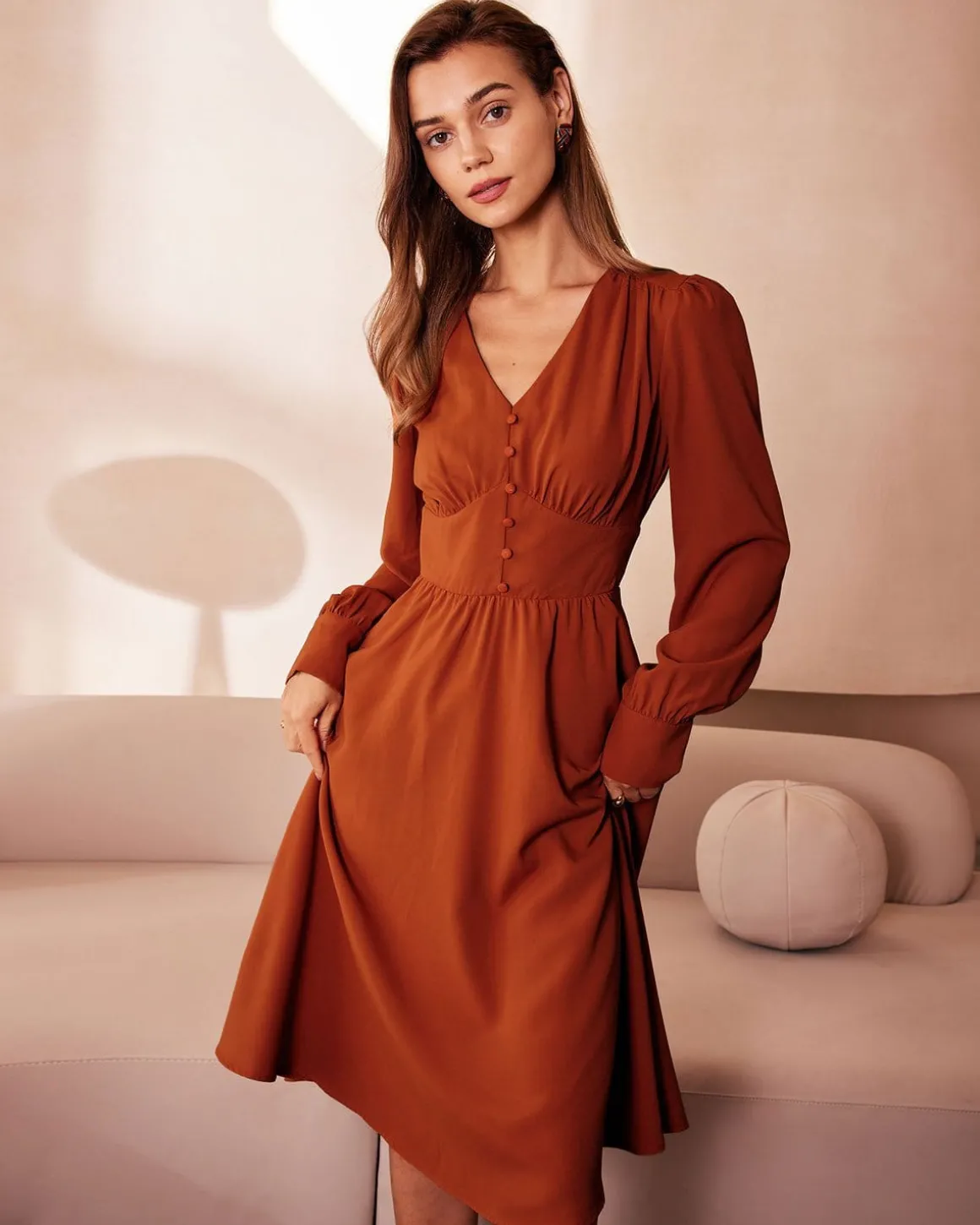 The Orange V Neck Pleated Button Midi Dress