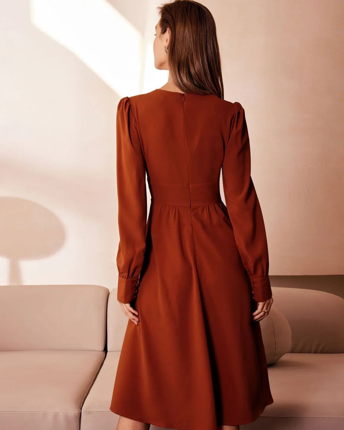 The Orange V Neck Pleated Button Midi Dress