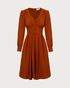 The Orange V Neck Pleated Button Midi Dress