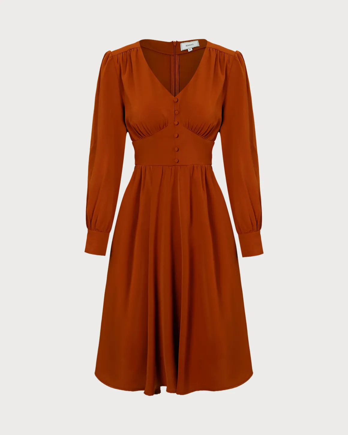 The Orange V Neck Pleated Button Midi Dress
